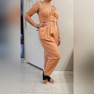 Super Cute Free People Peach Orange Spaghetti Strap Overall Jumper Size 8 Pocket